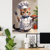 Calico Kitten Koch mit Gabel Niedlich Backen Poster (Heimbüro)