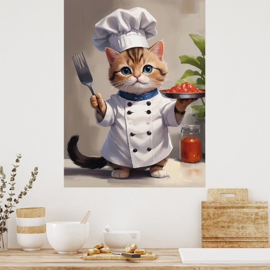 Calico Kitten Koch mit Gabel Niedlich Backen Poster (Küche)
