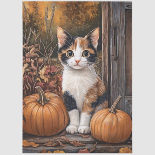 Calico Kitten Sitzen unter Herbstlauben Decoupage Seidenpapier (Vorderseite)