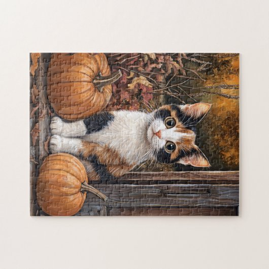Calico Kitten sitzt unter Herbstlauben Puzzle (Horizontal)