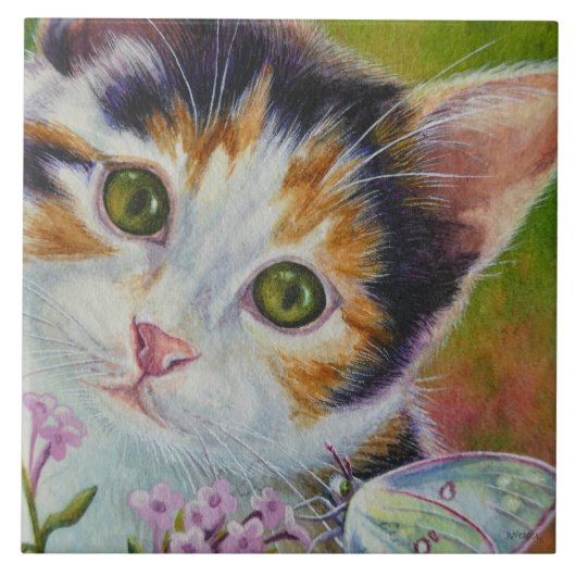 Calico Kitten & Sulfur Butterfly Wasserfarbe Kunst Fliese (Vorderseite)