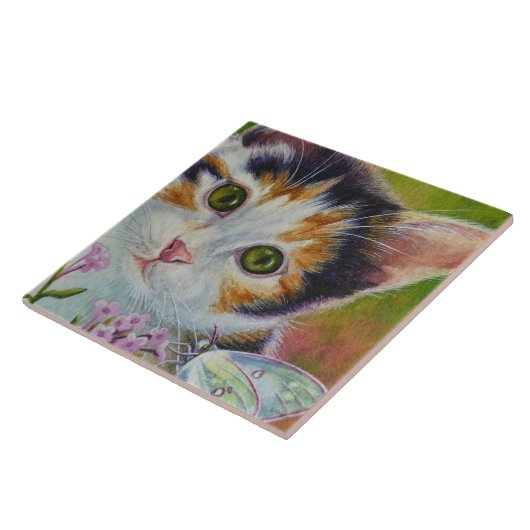 Calico Kitten & Sulfur Butterfly Wasserfarbe Kunst Fliese (Seite)