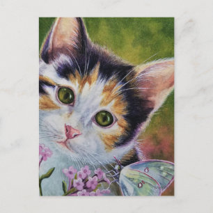 Calico Kitten und Sulfur Butterfly Wasserfarbe Kun Postkarte