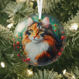 Calico Longhair Cat Glass Ornament