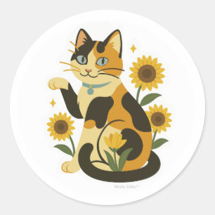 Calico mit Sonnenblumen Runder Aufkleber