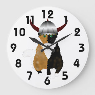 Calico Viking Cat Clock Große Wanduhr