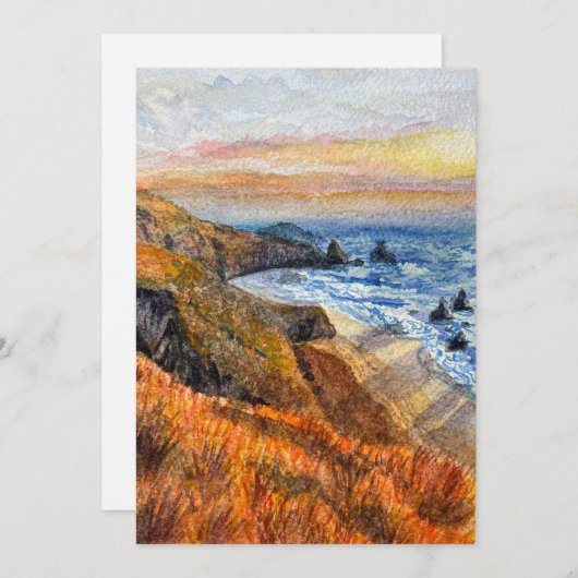California Beach Sunset Watercolor Grußkarte Dankeskarte (Vorne/Hinten)
