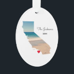 California Beach Trip Foto Oval Ornament<br><div class="desc">Fügen Sie Ihr eigenes Foto über die Kartenform des Staat von Kalifornien hinzu. Wenn man die Form Kaliforniens berücksichtigt, versucht man sicherzustellen, dass das Gesicht eines Menschen sichtbar ist, kann man das Bild entmaschen, bewegen und verbergen, um die Position zu verfeinern. Mein Foto wurde während einer Reise zum Aquarium und...</div>