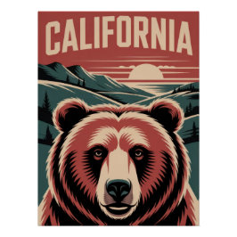 California Bear & Mountain Sunset - Vintage Golden Poster