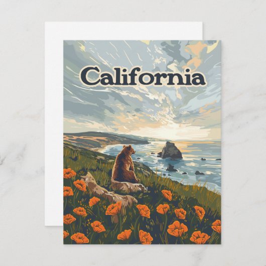 California Bear Poppies Blume Coast Retro Card (Vorne/Hinten)