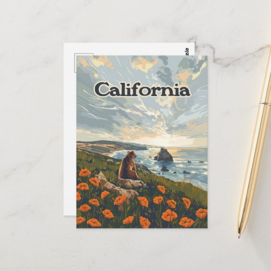 California Bear Poppies Blume Coast Retro Postkarte (Vorderseite/Rückseite Beispiel)
