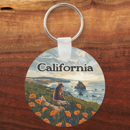 California Bear Poppies Blume Coast Retro Schlüsselanhänger (Vorderseite)