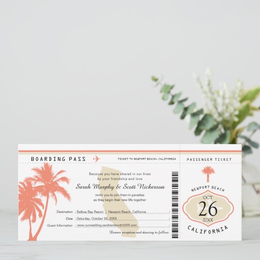 California Coral Palm Tree Boarding Pass Wedding Einladung (Stehend Vorderseite)