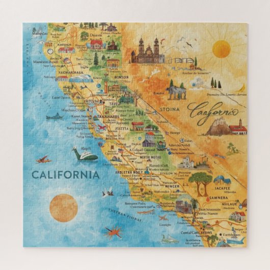 California Illustrated Watercolor Map Art Puzzle (Vertikal)