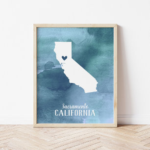California Map Blue Watercolor Personalisiert Art Poster