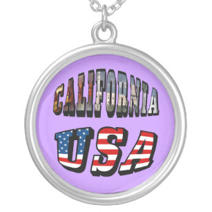 California Picture and USA Flag Text Versilberte Kette