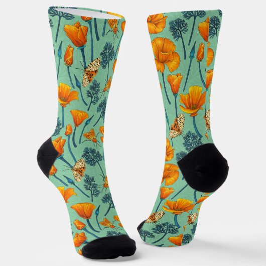 California poppies and moths on jade socken (Gewinkelt)