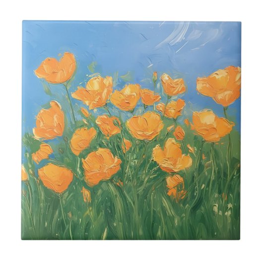California Poppy Field Sky Impressionist Malerei Fliese (Vorderseite)