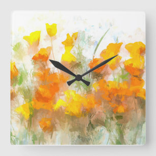 California Poppy Impressionistic Art Quadratische Wanduhr