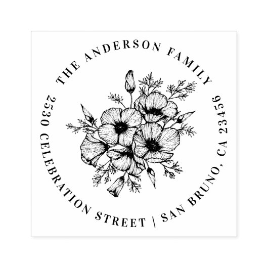 California Poppy | Individuelle Name und Rücksende Gummistempel (Prägung)