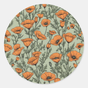 California Poppy Orange Blume Muster Runder Aufkleber