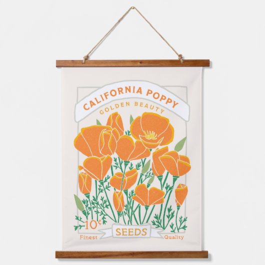 California Poppy Seed Packet Hängeband Wandteppich Mit Holzrahmen (Vorderseite)