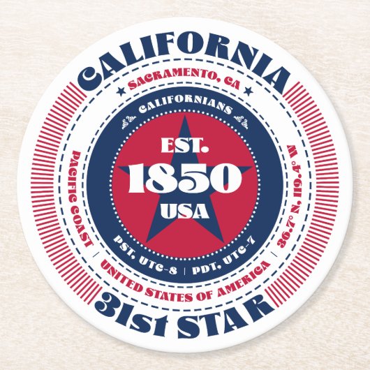 California Red White Blue Typografy Runder Pappuntersetzer (Vorderseite)