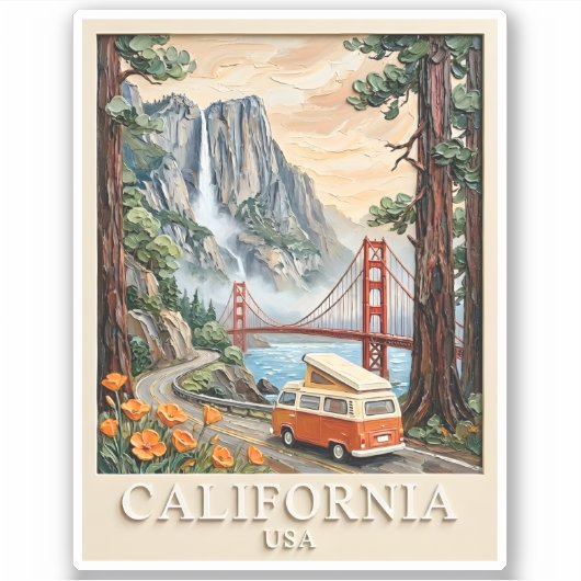 California Road Trip Vintage 3D Textured Landscape Aufkleber (Vorderseite)