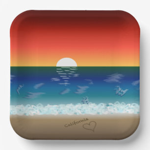California-Sonnenuntergang Strand Sand Herz Pappteller