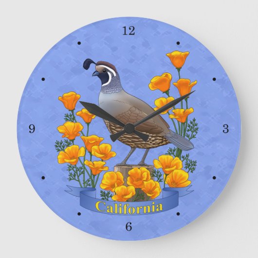 California Staat Bird Quail & Golden Poppe Große Wanduhr (Vorderseite)