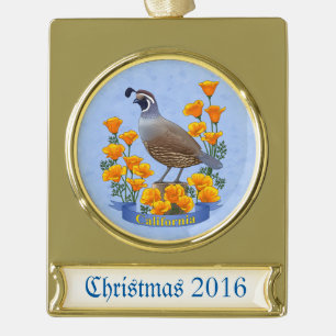 California Staat Bird Quail & Golden Poppy Banner-Ornament Gold