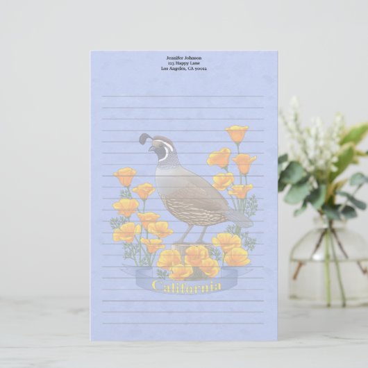 California Staat Bird Quail & Golden Poppy Briefpapier (Stehend Vorderseite)