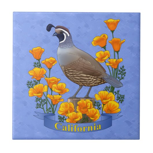 California Staat Bird Quail & Golden Poppy Fliese (Vorderseite)