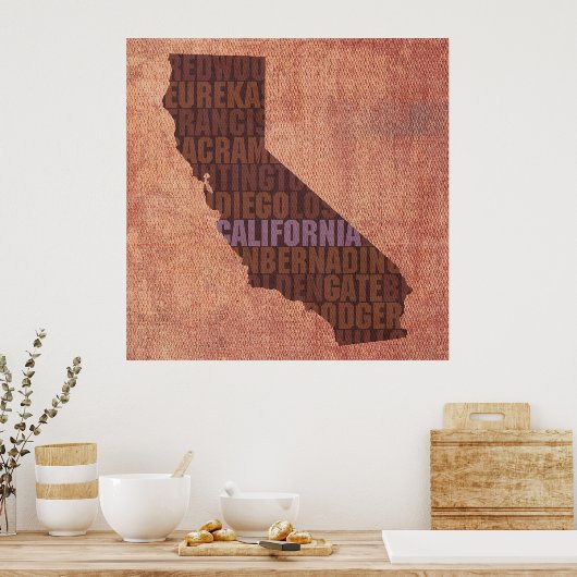 California Staat Kontur Word Karte für Leinwand Poster (Küche)