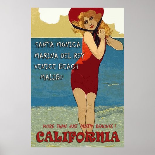 California Strände, Frau in rotem Badeanzug Poster (Vorne)