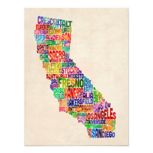 California Typografy Text Map Fotodruck