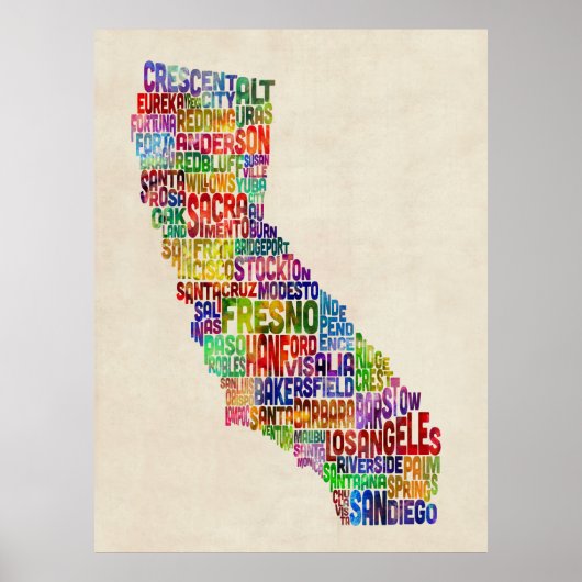 California Typografy Text Map Poster (Vorne)