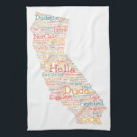 California USA Slang Word Art Map Geschirrtuch<br><div class="desc">Mit diesem einzigartigen amerikanischen Kalifornien-Muster,  das komplett aus Wörtern und Phrasen besteht,  die Sie sonst nirgendwo anders hören werden,  als in The Golden Staat,  USA! Wie viele weißt du?</div>