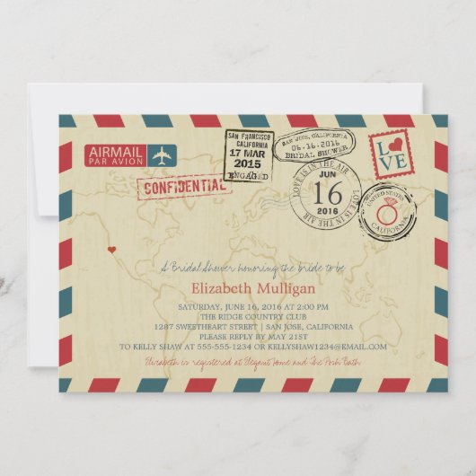 California World Traveller Airmail Brautparty Einladung (Vorderseite)