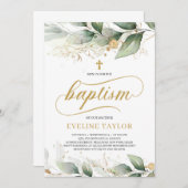 Caligraphy grüne eucalyptus gold Blätter Taufe Einladung (Vorne/Hinten)