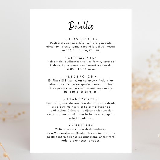 Caliigraphy Minimalistische spanische Hochzeitdeta Begleitkarte