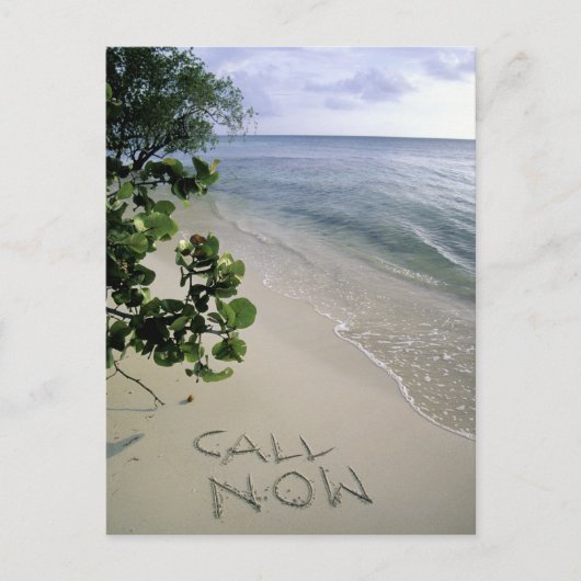 'Call Now' Sand am Strand, Jamaika Postkarte (Vorderseite)