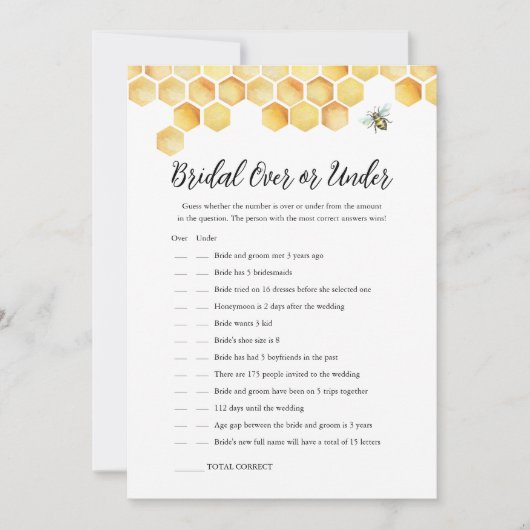 CALLA Bee Over oder Under Brautparty Game Card Einladung (Vorderseite)