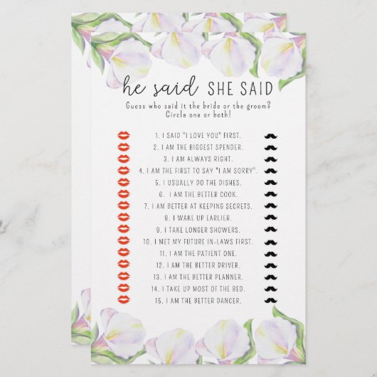 Calla - Er sagte, sie sagte Brautparty-Spiel (Vorne/Hinten)