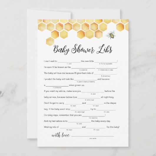 CALLA Honey Bee Baby Dusche Libs Game Card Einladung (Vorderseite)