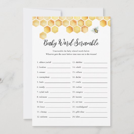CALLA Honey Bee Baby Word Scramble Game Card Einladung (Vorderseite)