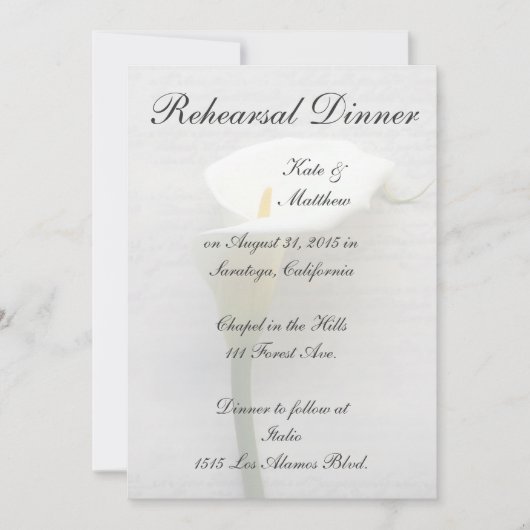 Calla Lilie auf dem Probe Dinner Einladung (Vorderseite)