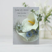 Calla-Lilie mit blauer Nigella Save The Date (Stehend Vorderseite)