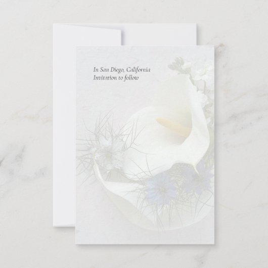 Calla-Lilie mit blauer Nigella Save The Date (Rückseite)