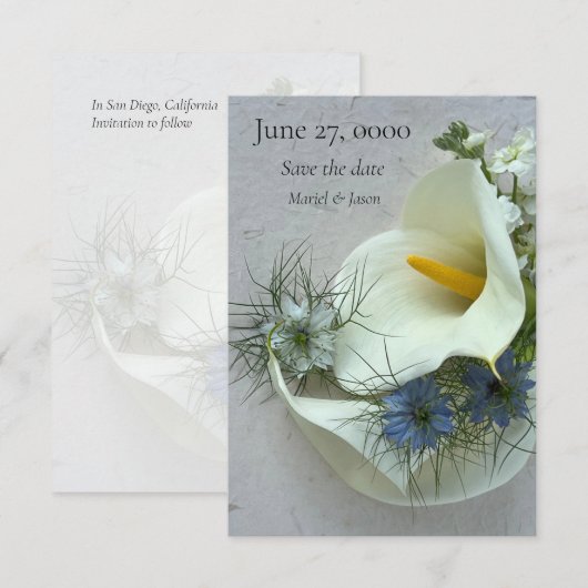 Calla-Lilie mit blauer Nigella Save The Date (Vorne/Hinten)
